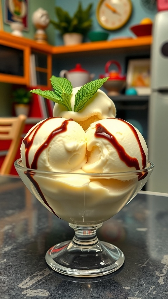 A bowl of classic vanilla ice cream garnished with mint and chocolate syrup in a retro kitchen.